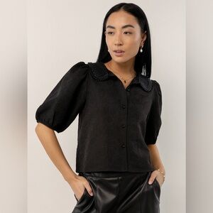 Bohme Black Pearl Collared Textured Floral Button Up Puff Sleeve Blouse